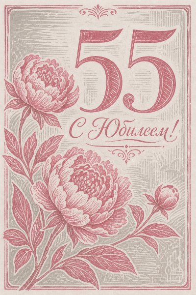 С юбилеем 55 лет: цветы пионы и номер 55